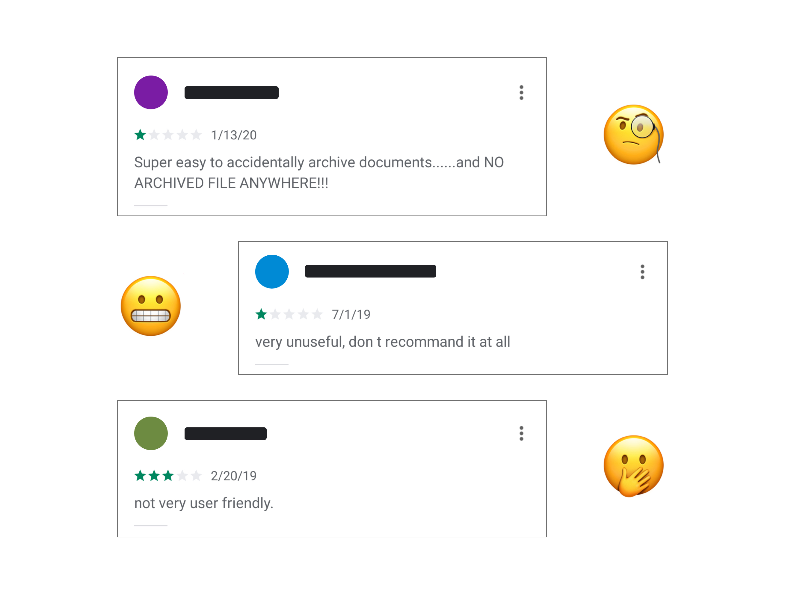 Screenshot from 3 reviews from Doccle’s page on the Google Play Store. The comments state difficulties encounter by users, for example: “not very user-friendly” a 3 stars review. “Super easy to accidentally archive documents….and no archive file anywhere” a 1 star review