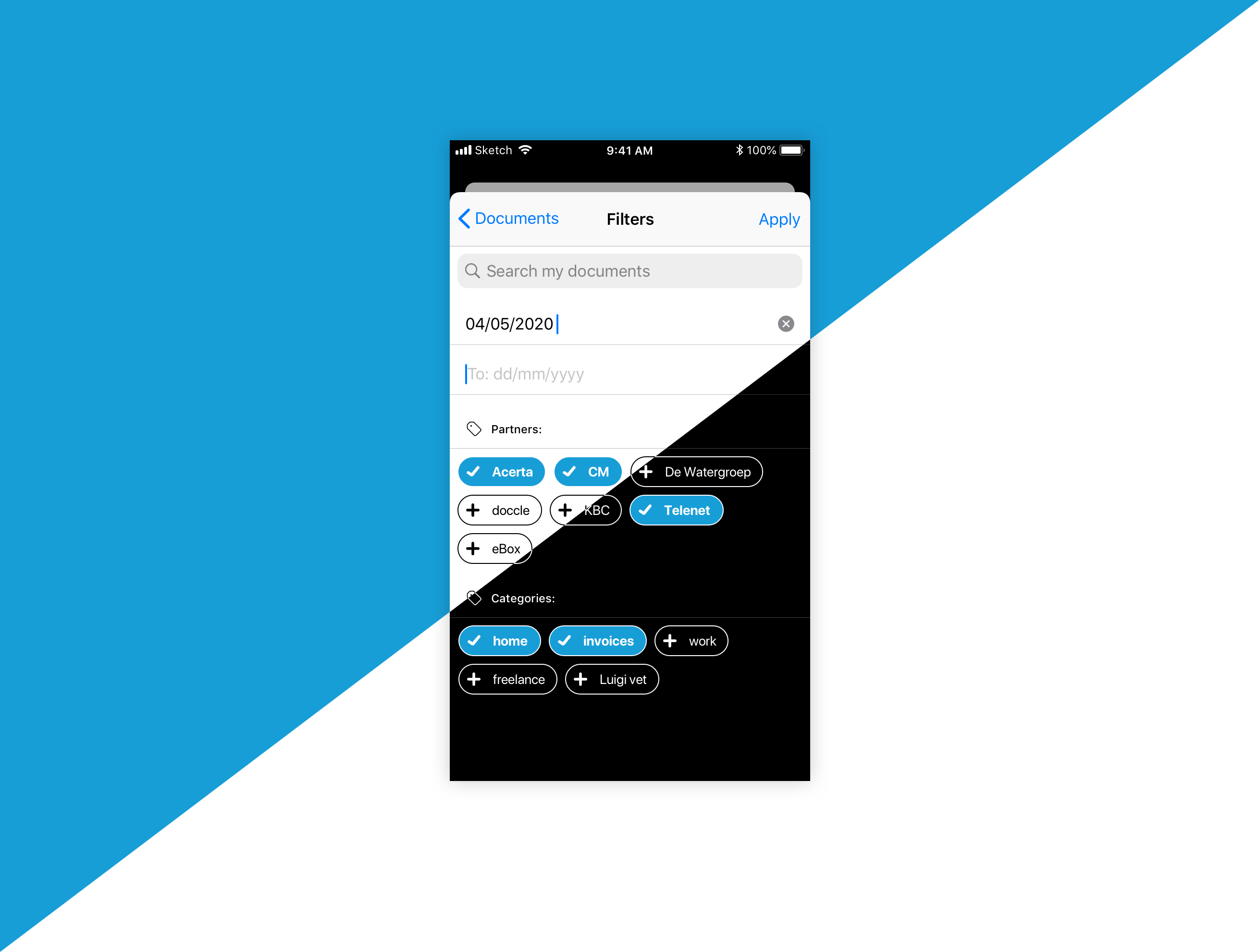 example of the Filters screen with the new design, both for light and dark mode. The image is a rectangle with the screen in the middle. There is a right to left diagonal cut. Left side has a blue background and shows the light version of the screen. The right side has a white background and shows the dark version of the Filters screen.