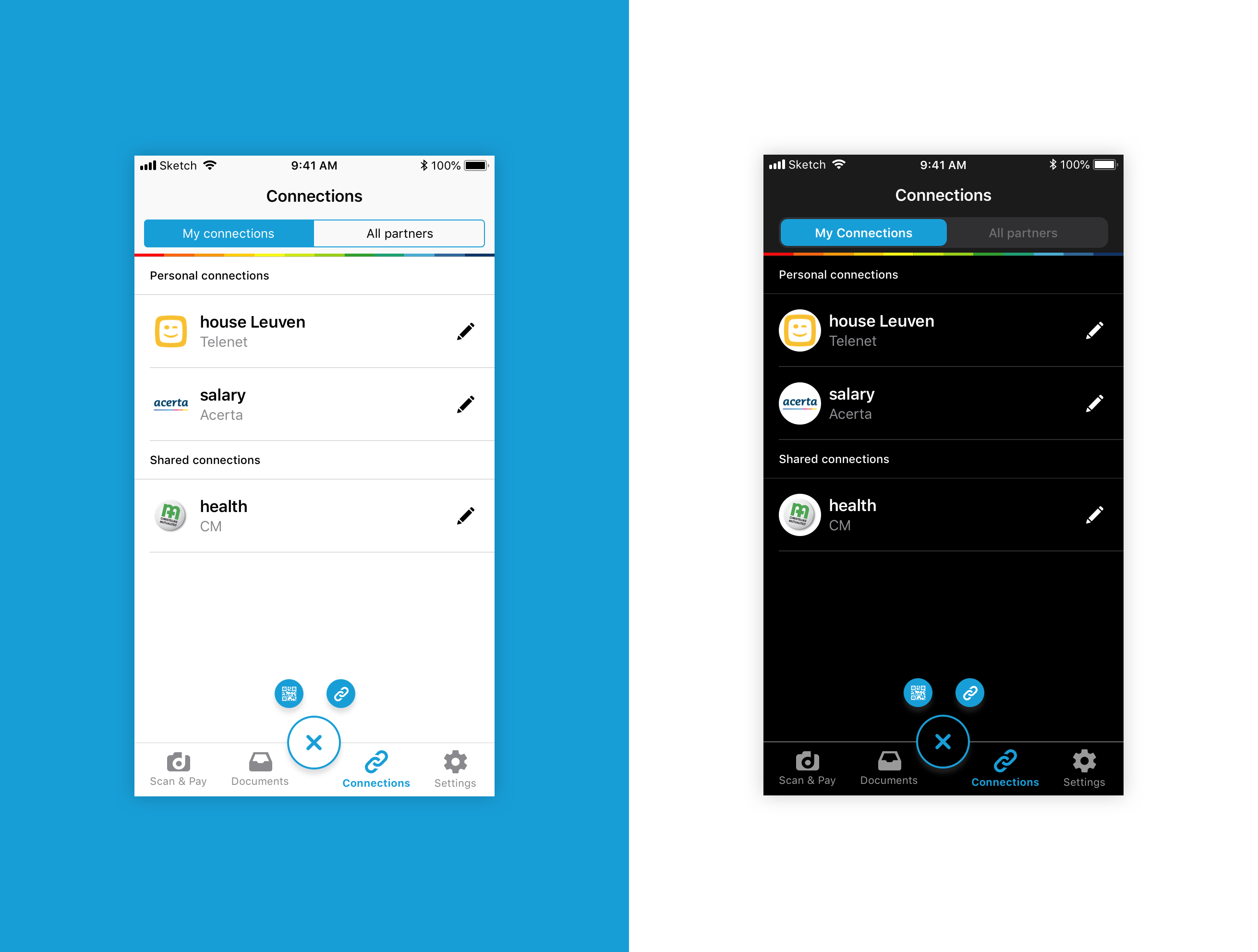 example of the redesign made for the Connections screen, both for light and dark mode. The image is a rectangle equally divided in two. On the left side the background is Doccle blue and we have the light version of the redesign for the Connections screen for iOS 12. On the right side the background is white and we have the dark version of the Connections screen, for iOS 13.
