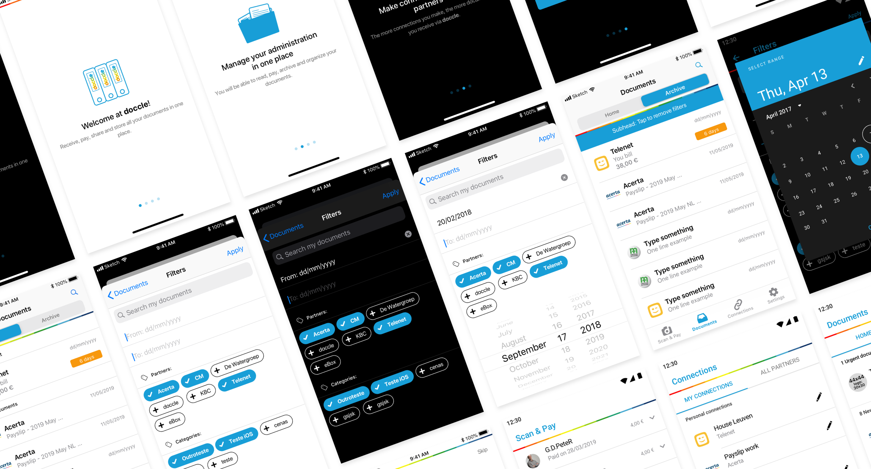 This is the hero image. Occupies the entire width of the page and contains a compilation of a lot of the final screens for this project, light and dark mode. There’s three horizontal lines of screens that are rotated 45° to the right.