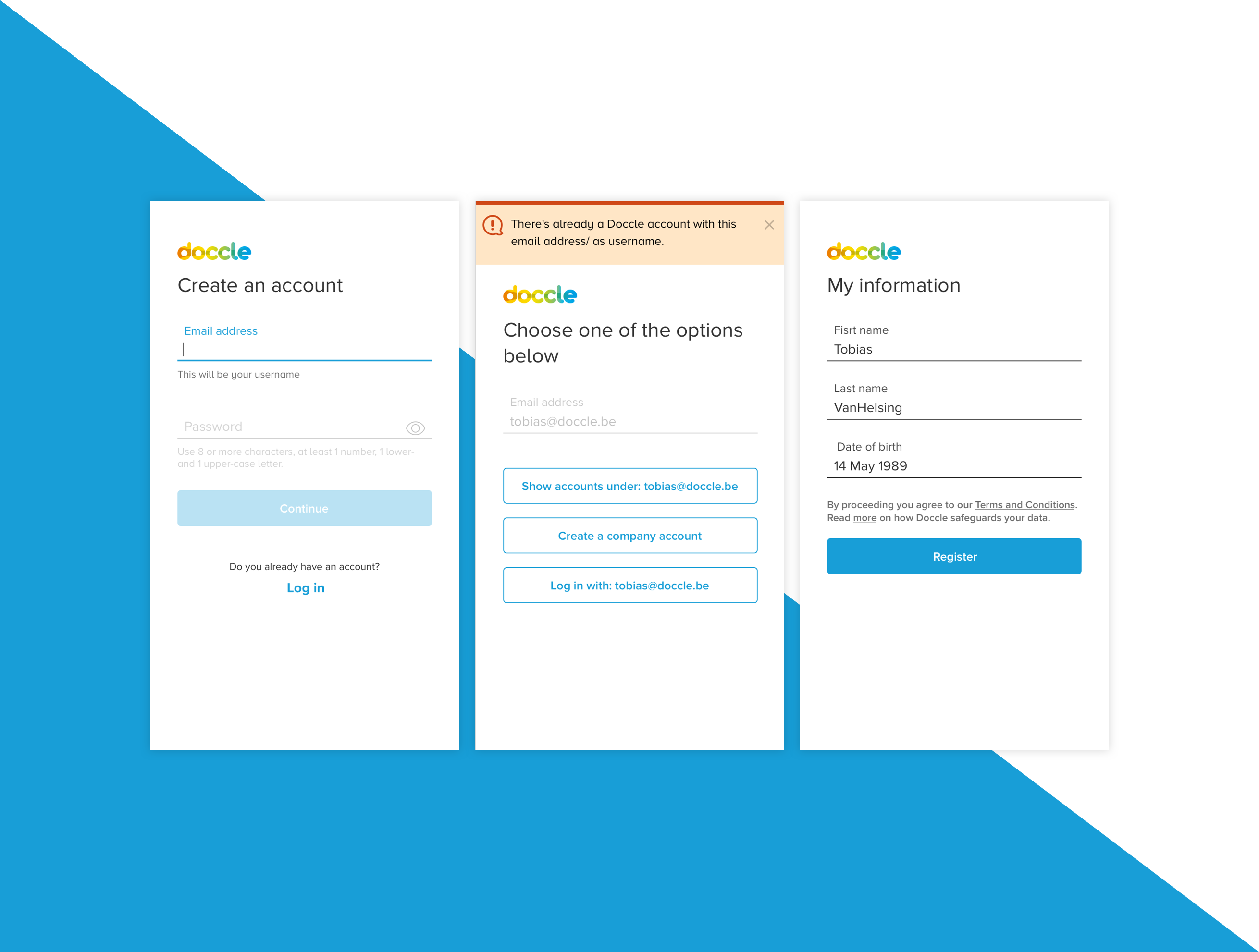 3 mobile screens showing some steps of the Account Creation flow