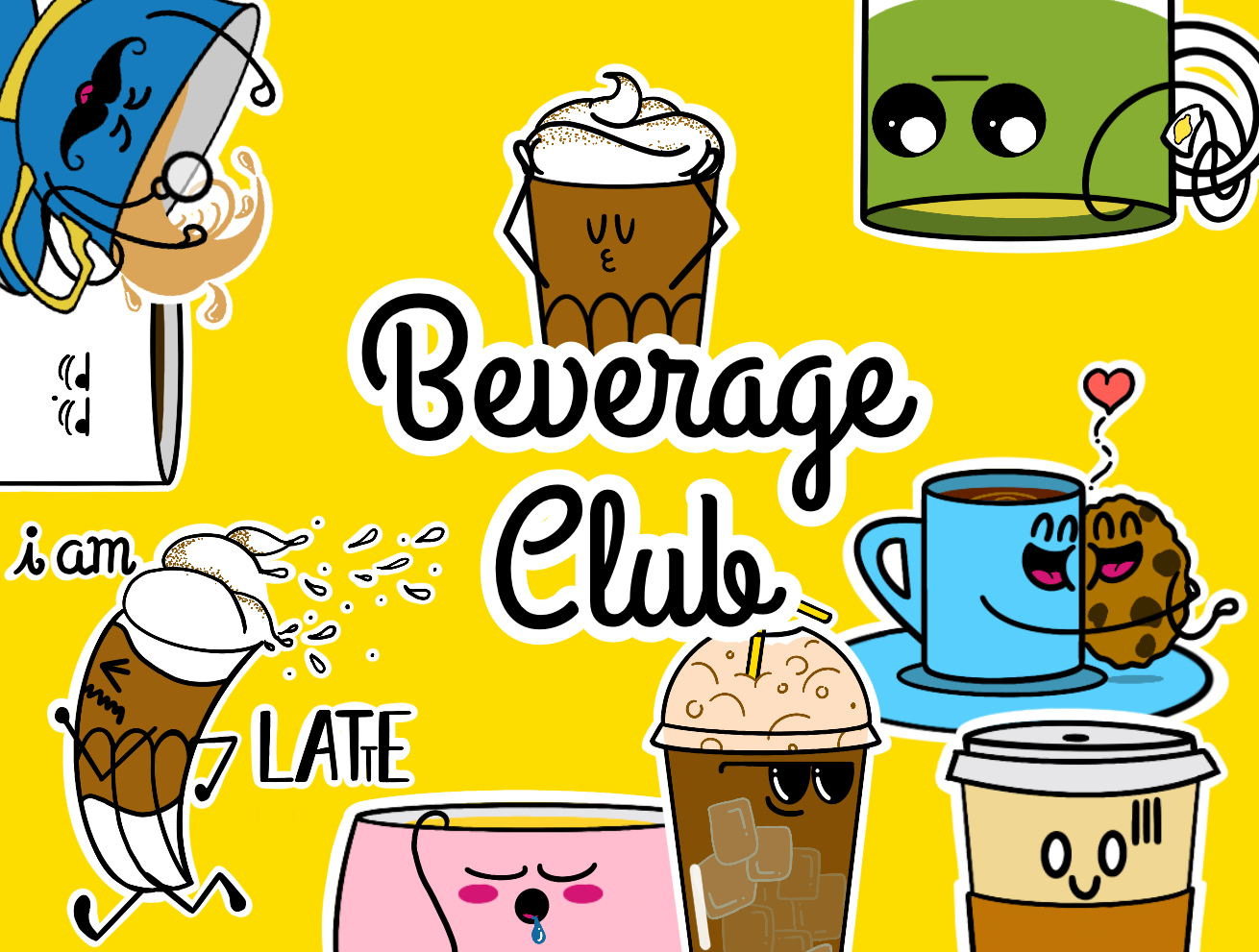 some beverage stickers showing up on a yellow background and in the middle is written: Beverage Club